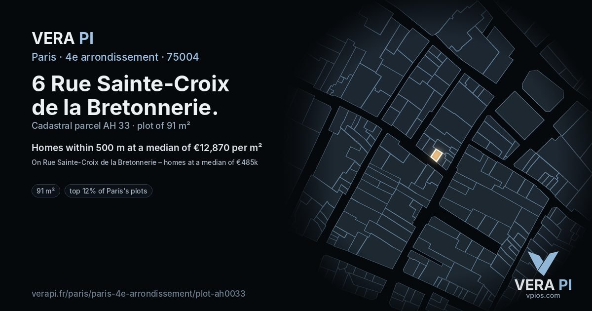 6 Rue Sainte-Croix de la Bretonnerie, 4e arrondissement at night – the plot lit, the parcels around coloured by the prices near them