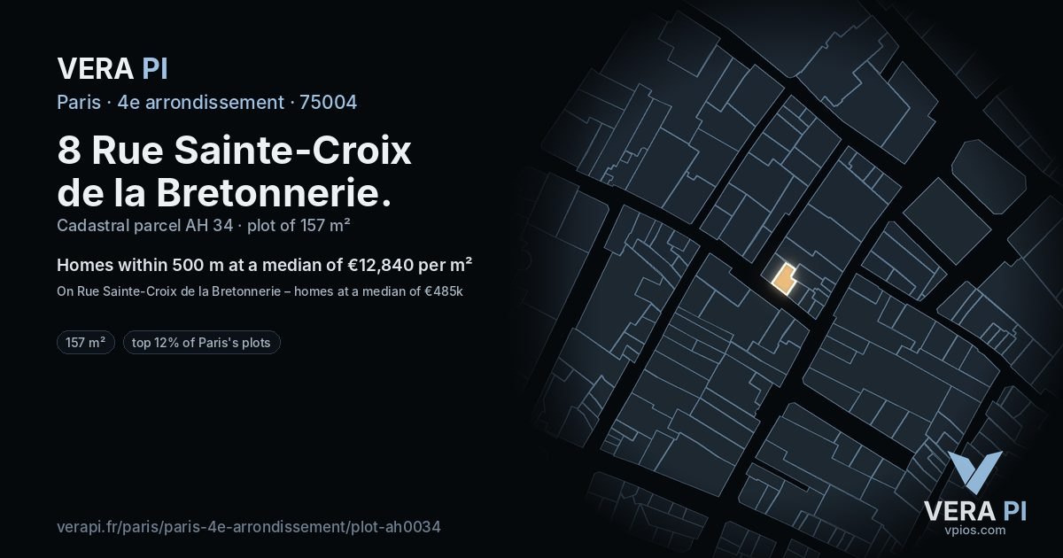 8 Rue Sainte-Croix de la Bretonnerie, 4e arrondissement at night – the plot lit, the parcels around coloured by the prices near them