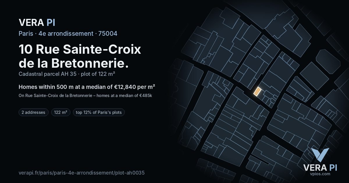 10 Rue Sainte-Croix de la Bretonnerie, 4e arrondissement at night – the plot lit, the parcels around coloured by the prices near them