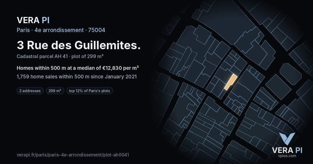 3 Rue des Guillemites, 4e arrondissement at night – the plot lit, the parcels around coloured by the prices near them