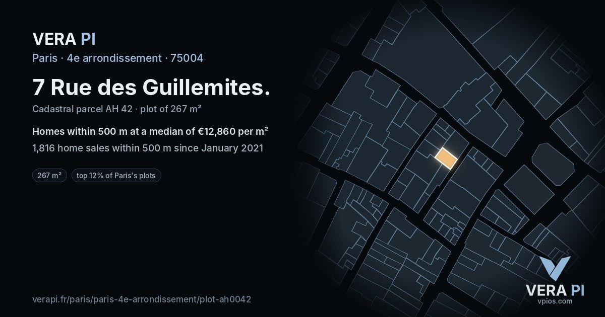 7 Rue des Guillemites, 4e arrondissement at night – the plot lit, the parcels around coloured by the prices near them