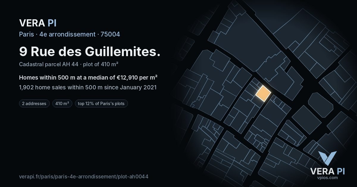 9 Rue des Guillemites, 4e arrondissement at night – the plot lit, the parcels around coloured by the prices near them