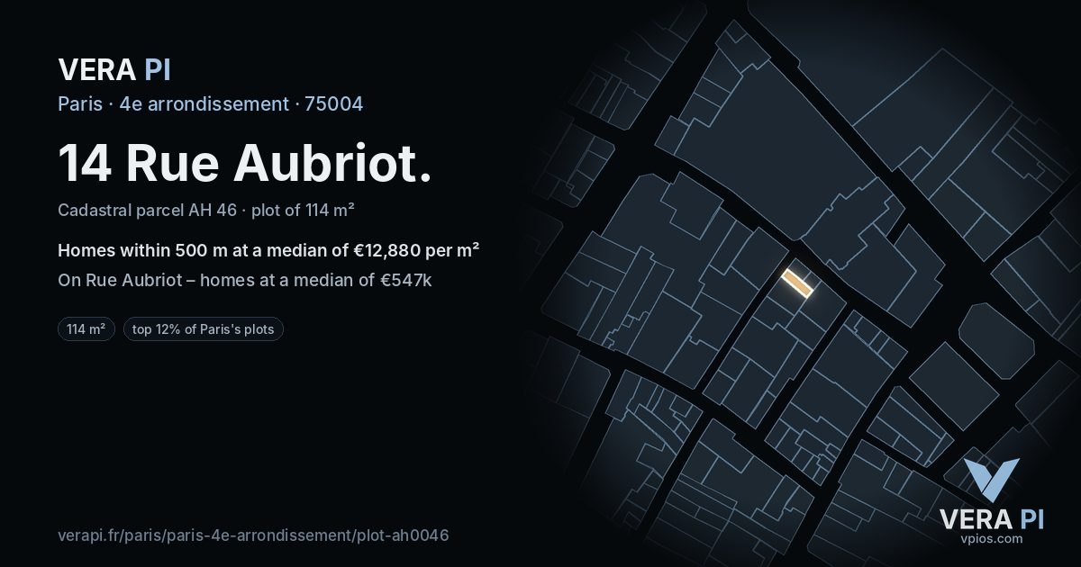 14 Rue Aubriot, 4e arrondissement at night – the plot lit, the parcels around coloured by the prices near them