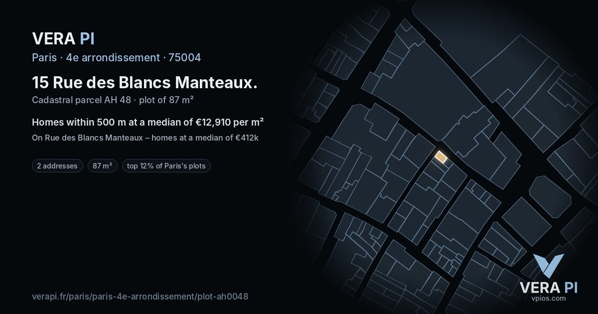 15 Rue des Blancs Manteaux, 4e arrondissement at night – the plot lit, the parcels around coloured by the prices near them