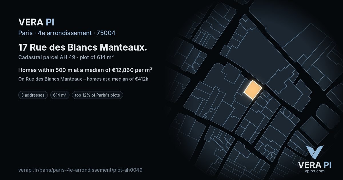 17 Rue des Blancs Manteaux, 4e arrondissement at night – the plot lit, the parcels around coloured by the prices near them