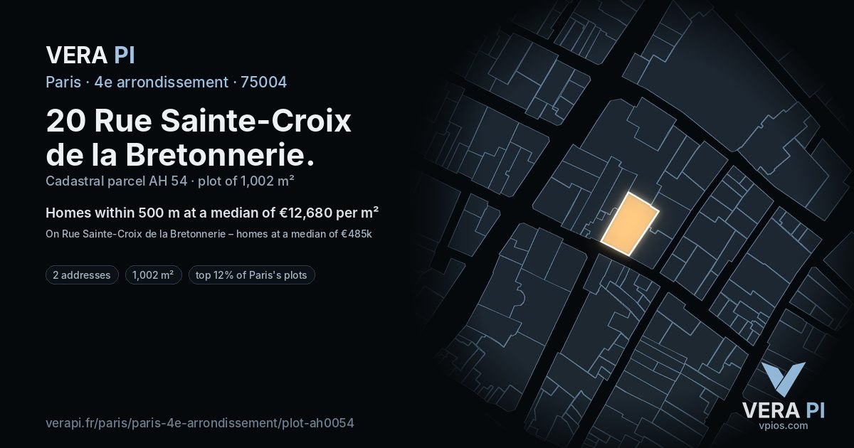 20 Rue Sainte-Croix de la Bretonnerie, 4e arrondissement at night – the plot lit, the parcels around coloured by the prices near them