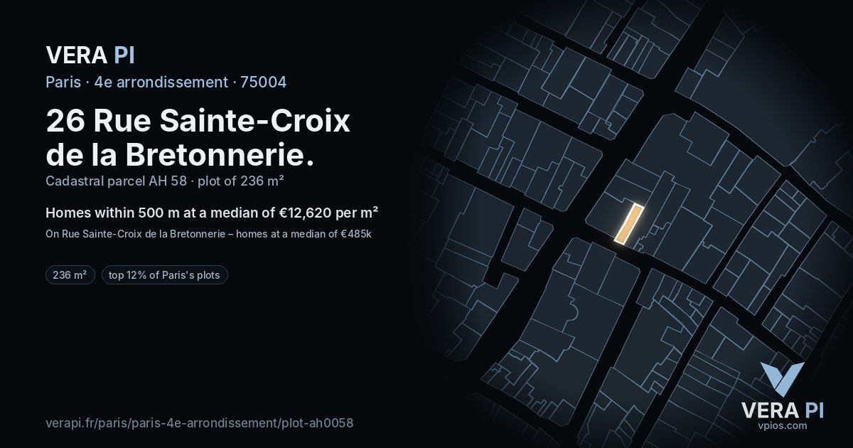 26 Rue Sainte-Croix de la Bretonnerie, 4e arrondissement at night – the plot lit, the parcels around coloured by the prices near them