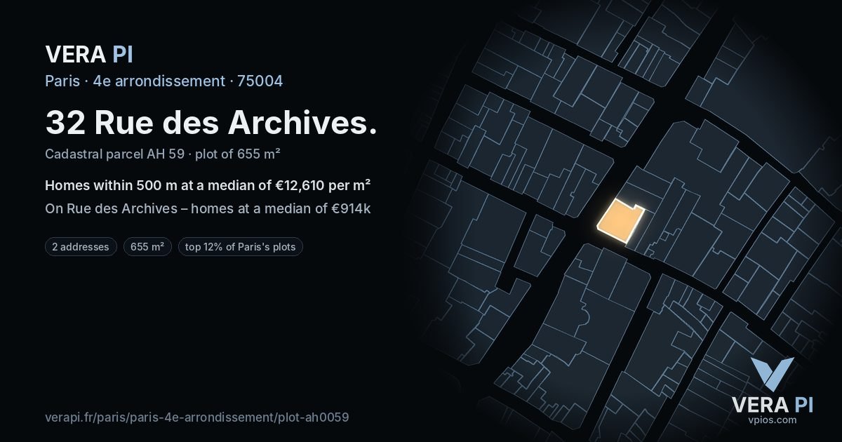 32 Rue des Archives, 4e arrondissement at night – the plot lit, the parcels around coloured by the prices near them