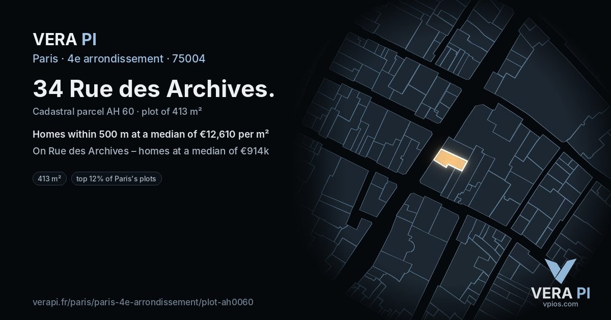 34 Rue des Archives, 4e arrondissement at night – the plot lit, the parcels around coloured by the prices near them