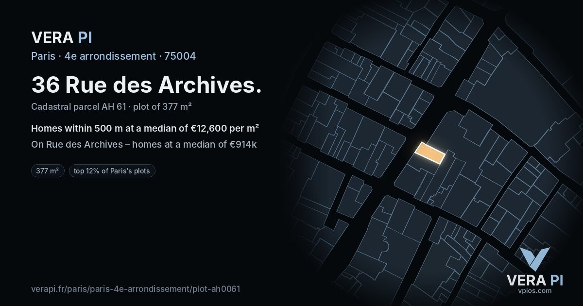 36 Rue des Archives, 4e arrondissement at night – the plot lit, the parcels around coloured by the prices near them