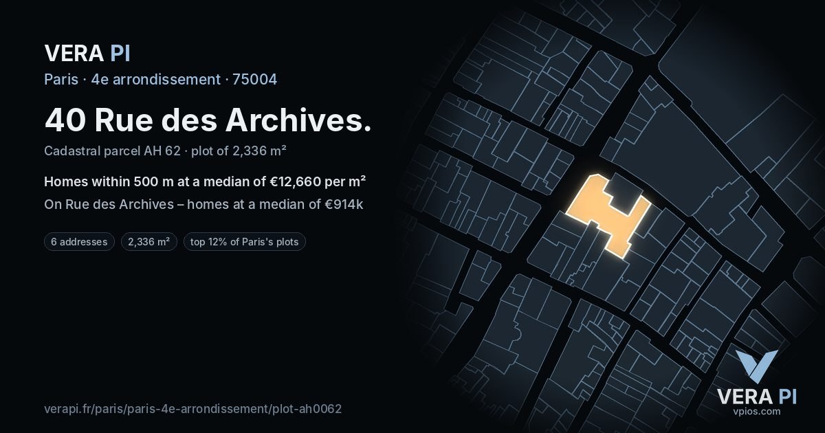 40 Rue des Archives, 4e arrondissement at night – the plot lit, the parcels around coloured by the prices near them