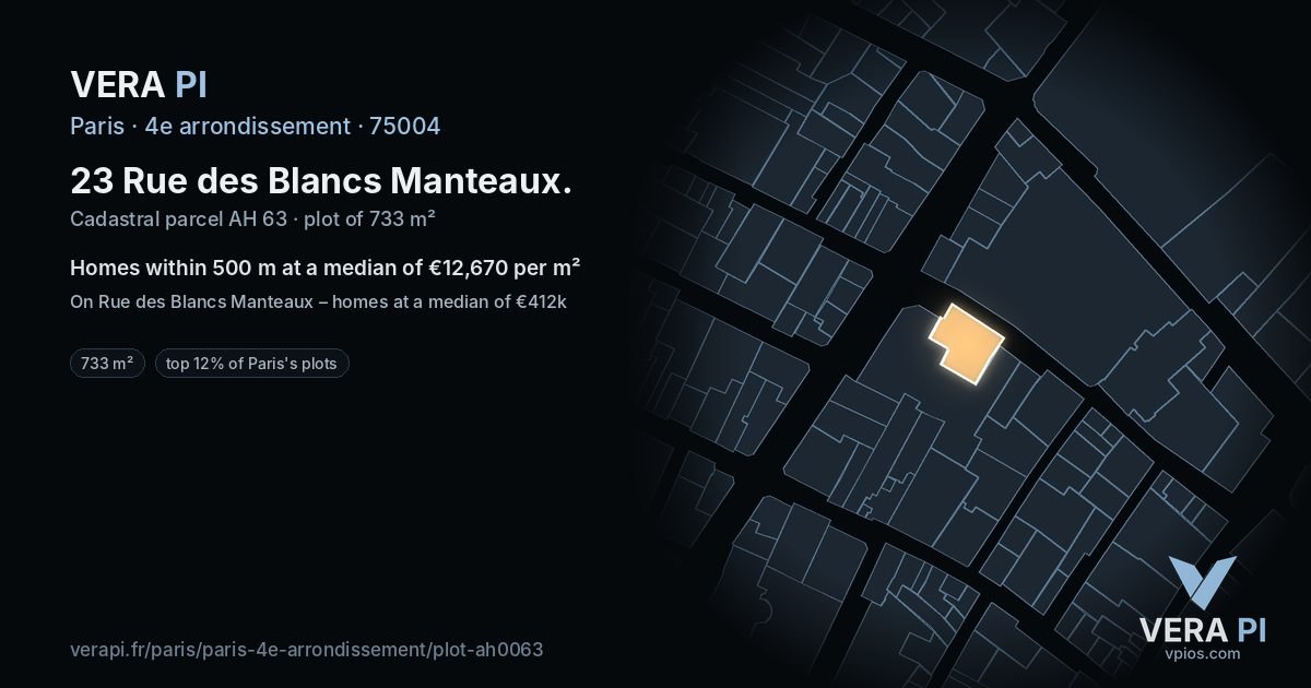 23 Rue des Blancs Manteaux, 4e arrondissement at night – the plot lit, the parcels around coloured by the prices near them