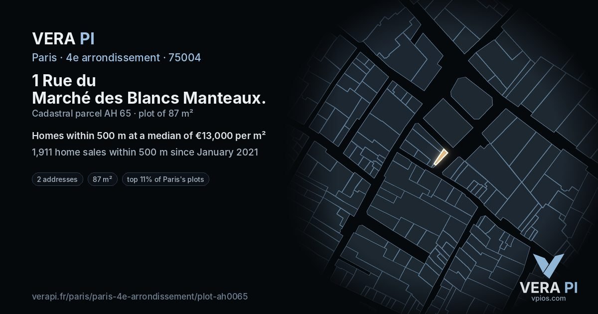 1 Rue du Marché des Blancs Manteaux, 4e arrondissement at night – the plot lit, the parcels around coloured by the prices near them