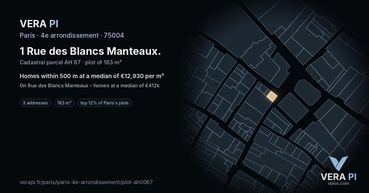 1 Rue des Blancs Manteaux, 4e arrondissement at night – the plot lit, the parcels around coloured by the prices near them