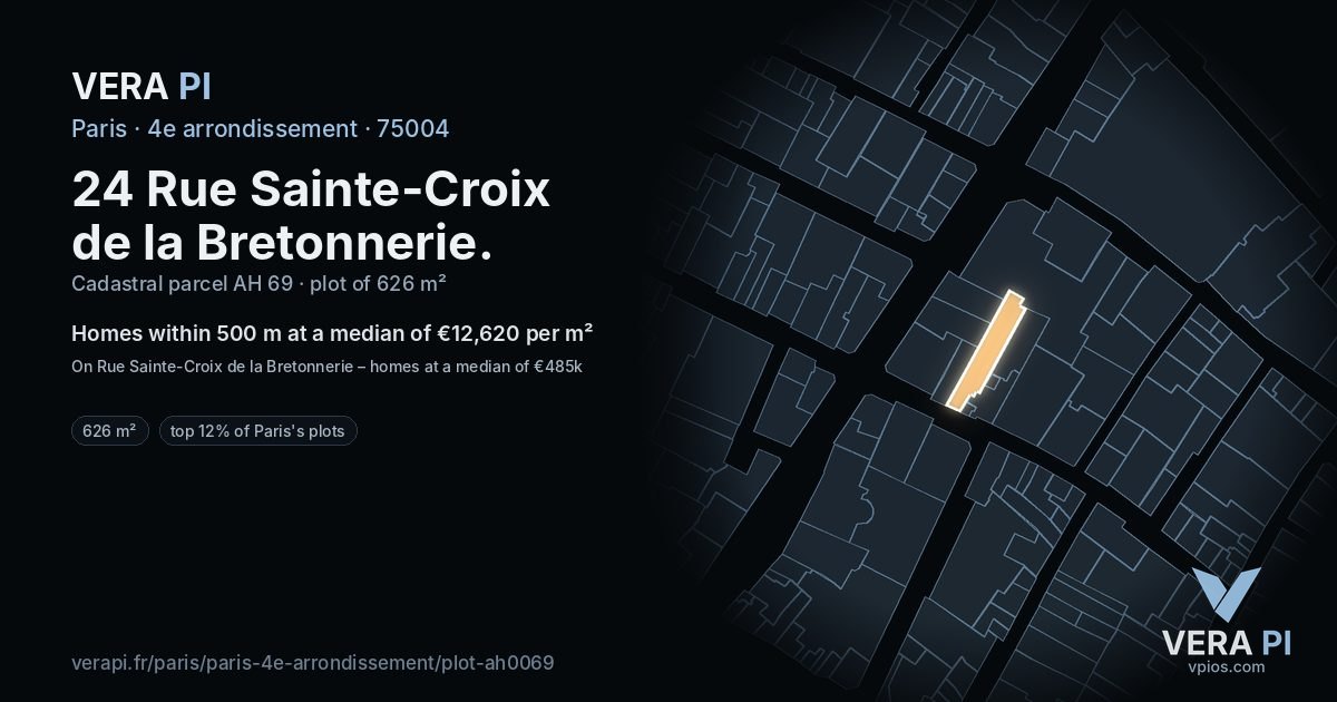 24 Rue Sainte-Croix de la Bretonnerie, 4e arrondissement at night – the plot lit, the parcels around coloured by the prices near them