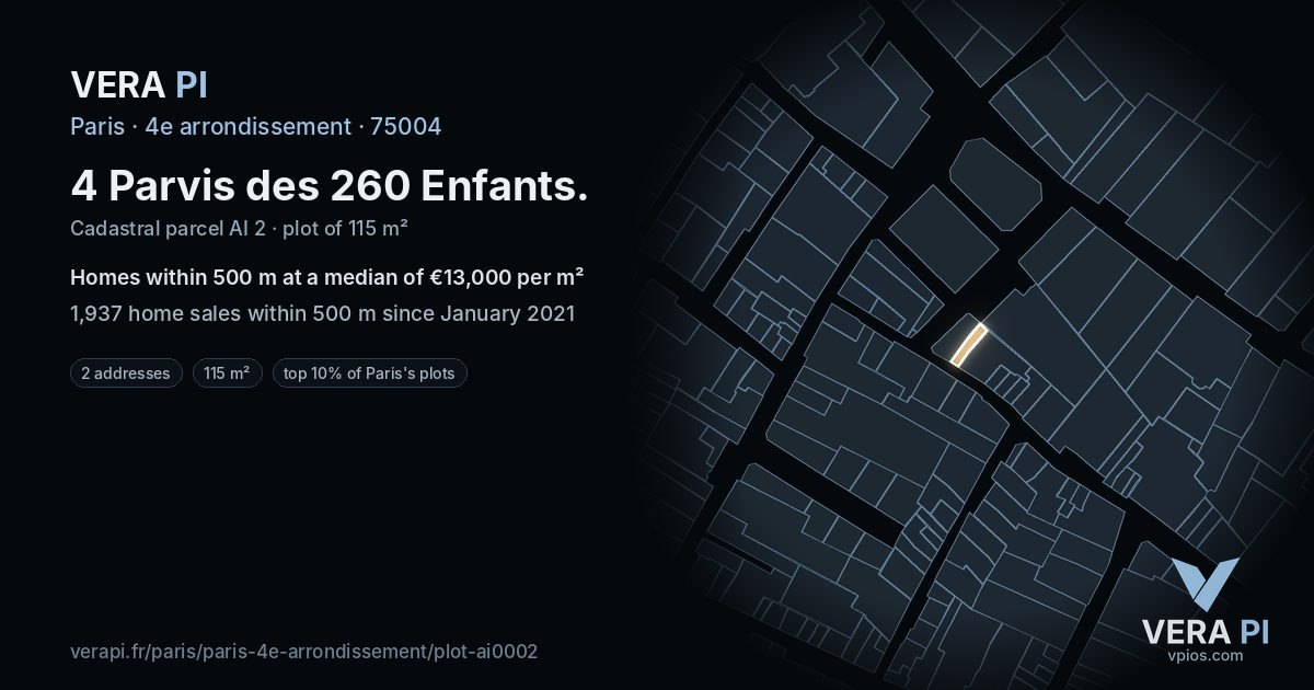 4 Parvis des 260 Enfants, 4e arrondissement at night – the plot lit, the parcels around coloured by the prices near them