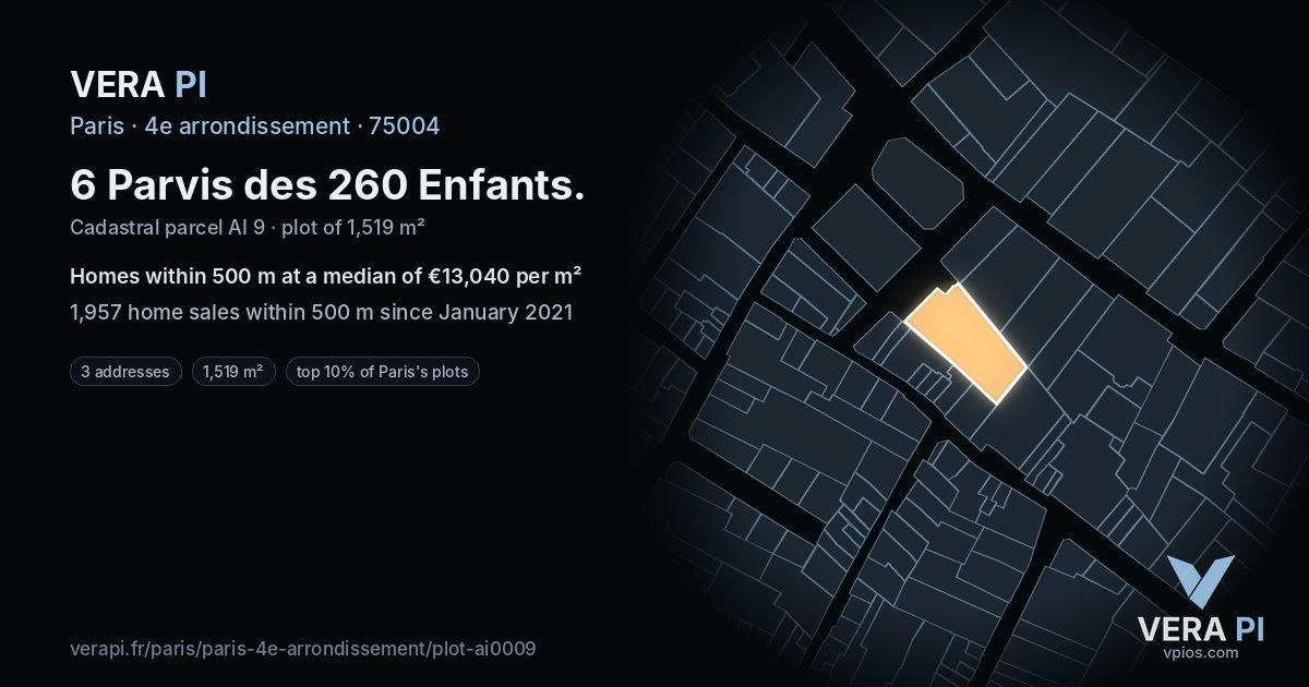 6 Parvis des 260 Enfants, 4e arrondissement at night – the plot lit, the parcels around coloured by the prices near them