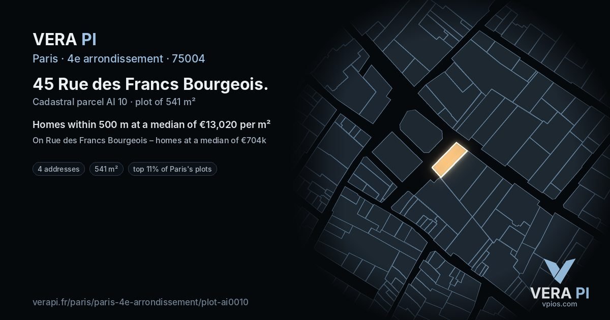 45 Rue des Francs Bourgeois, 4e arrondissement at night – the plot lit, the parcels around coloured by the prices near them