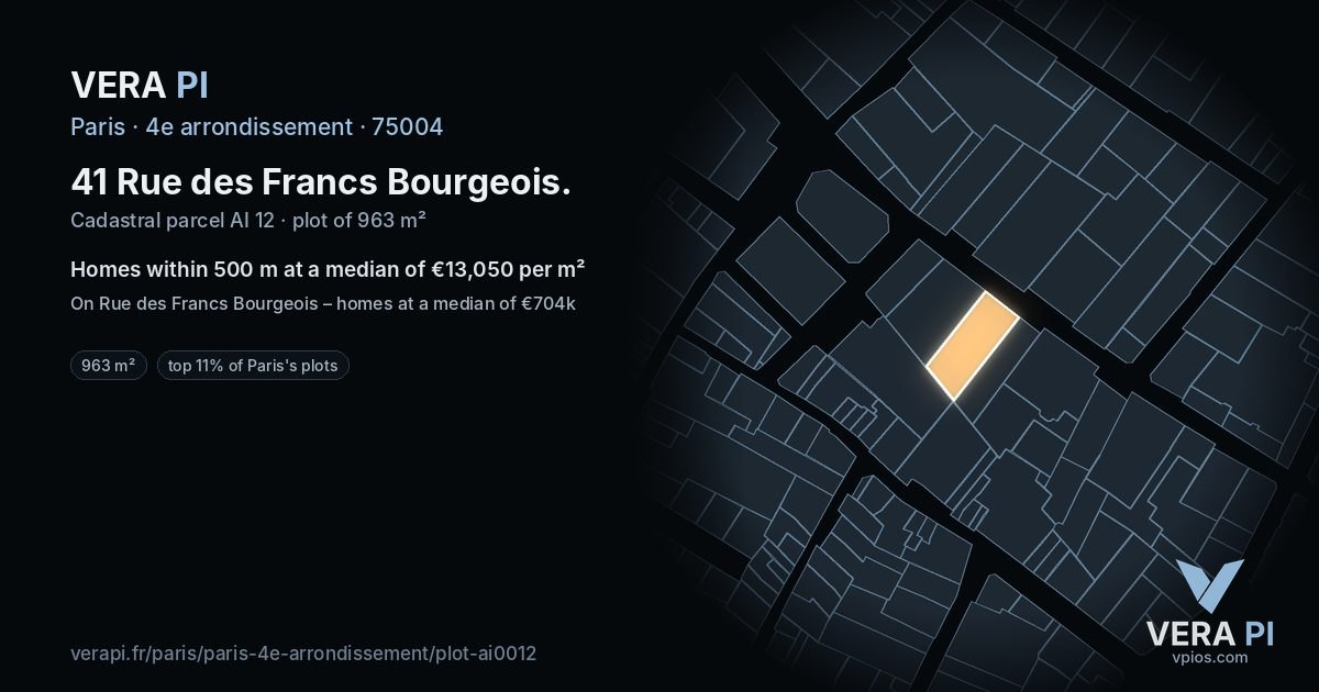 41 Rue des Francs Bourgeois, 4e arrondissement at night – the plot lit, the parcels around coloured by the prices near them