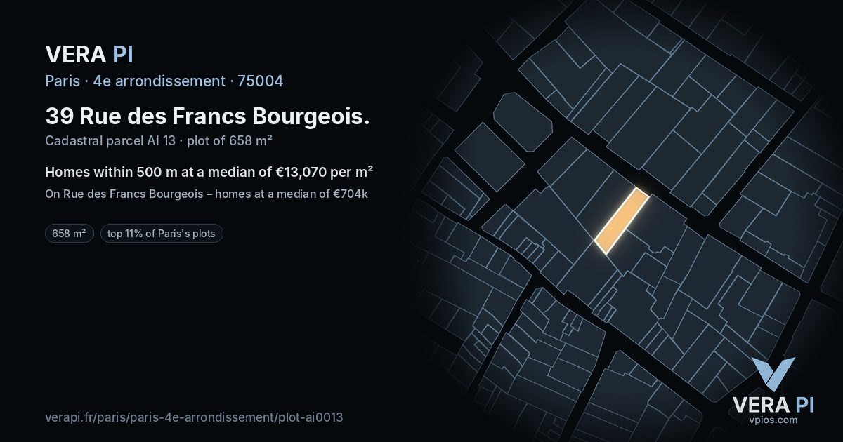 39 Rue des Francs Bourgeois, 4e arrondissement at night – the plot lit, the parcels around coloured by the prices near them