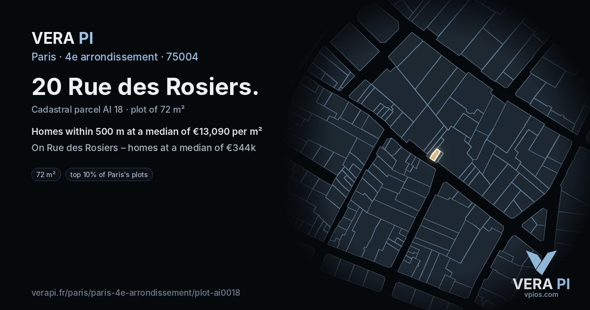 20 Rue des Rosiers, 4e arrondissement at night – the plot lit, the parcels around coloured by the prices near them