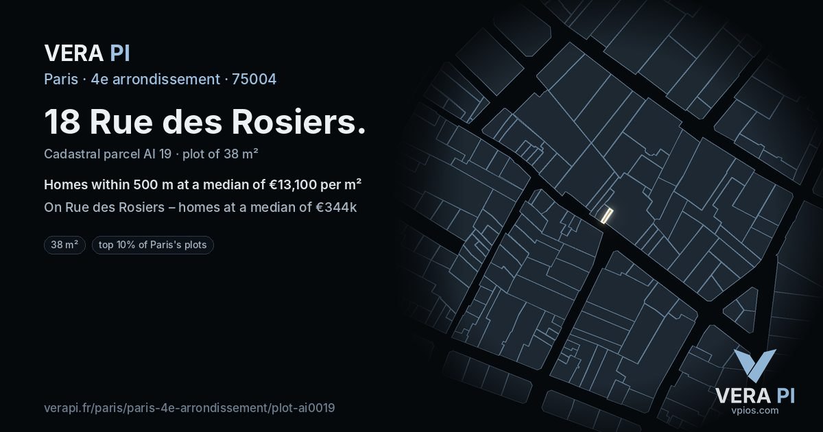 18 Rue des Rosiers, 4e arrondissement at night – the plot lit, the parcels around coloured by the prices near them