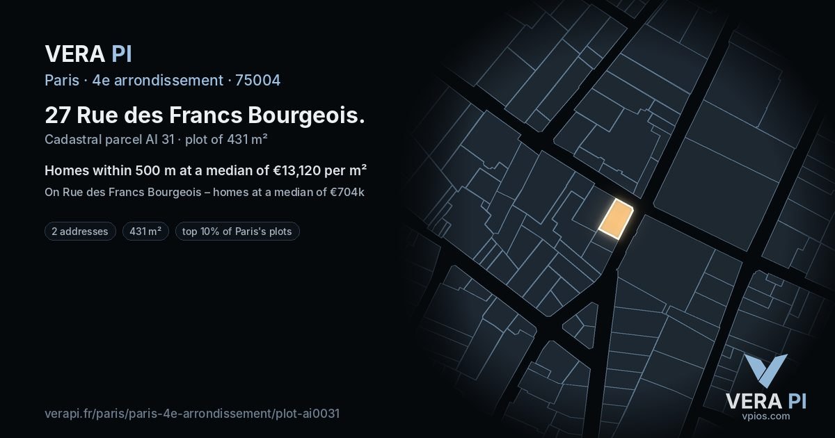 27 Rue des Francs Bourgeois, 4e arrondissement at night – the plot lit, the parcels around coloured by the prices near them