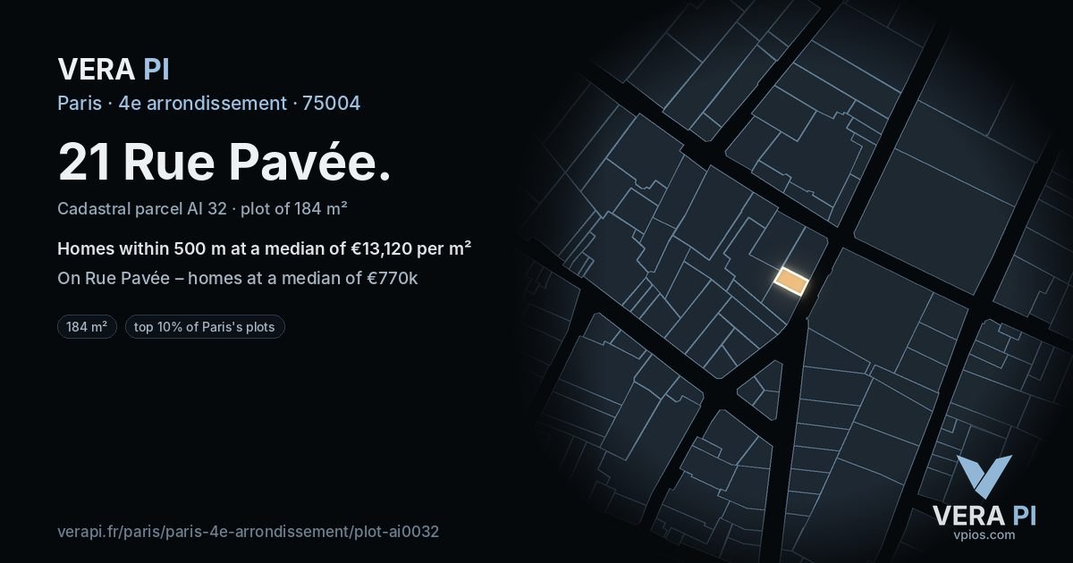 21 Rue Pavée, 4e arrondissement at night – the plot lit, the parcels around coloured by the prices near them