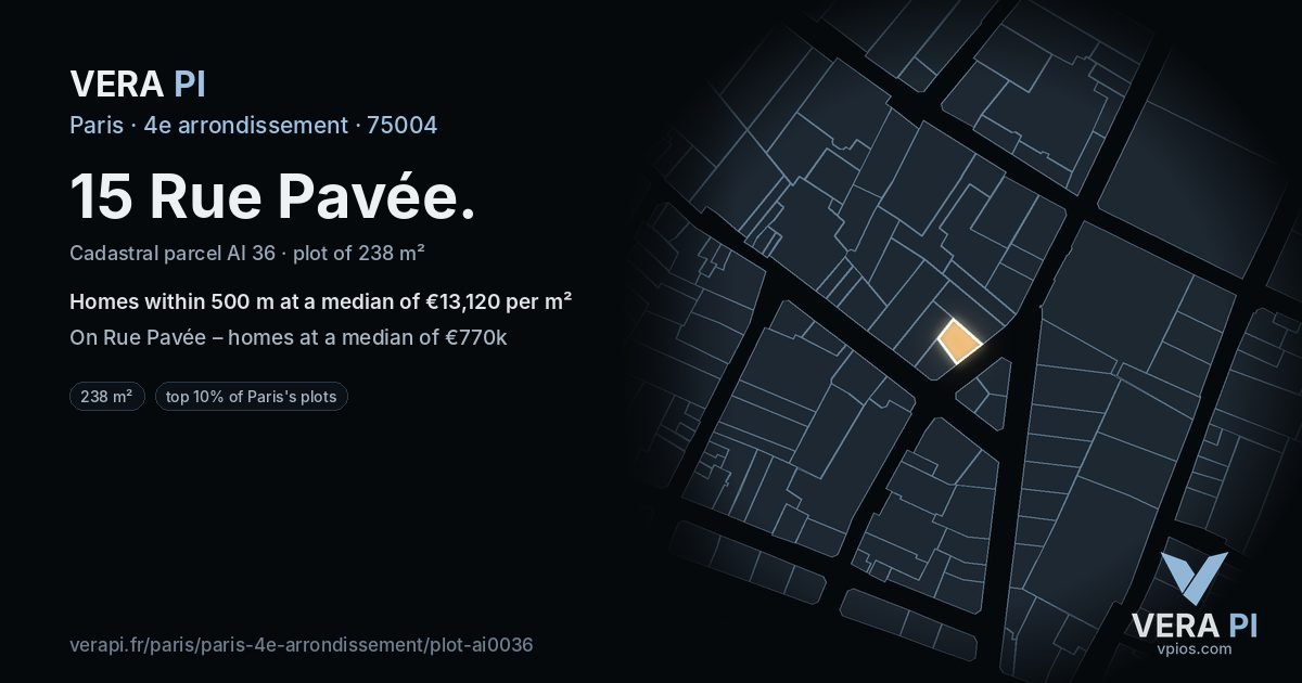15 Rue Pavée, 4e arrondissement at night – the plot lit, the parcels around coloured by the prices near them