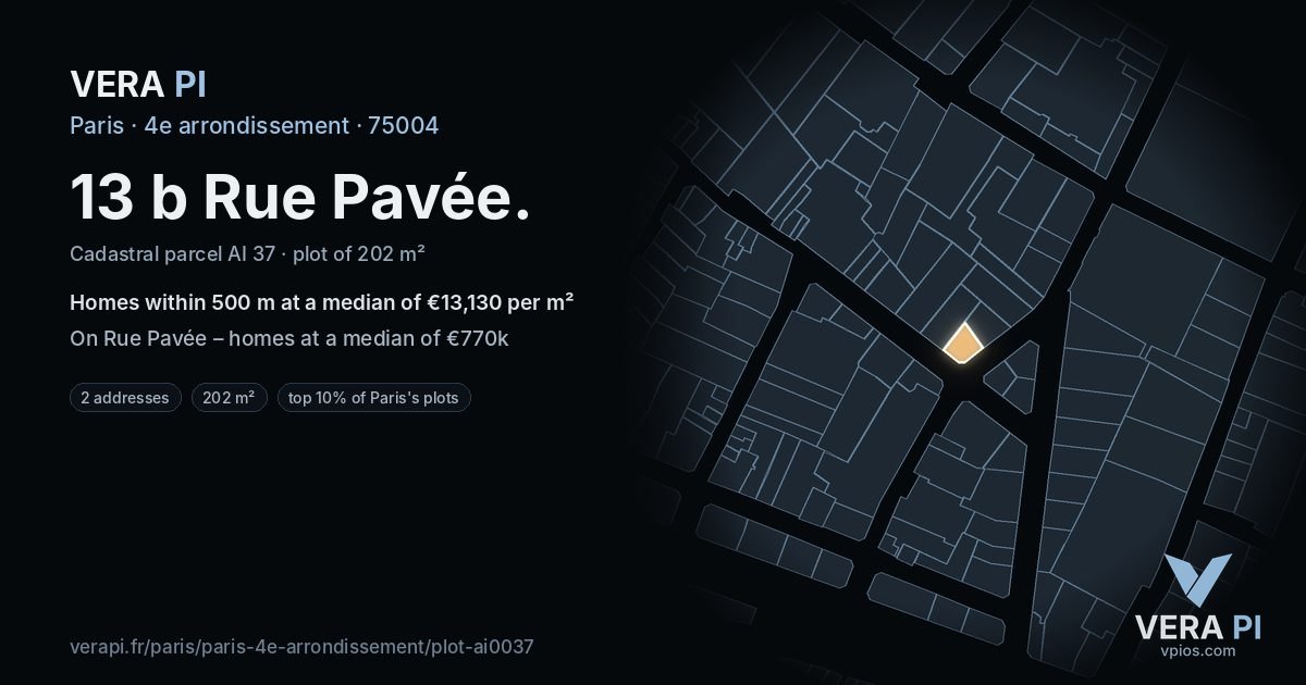 13 b Rue Pavée, 4e arrondissement at night – the plot lit, the parcels around coloured by the prices near them
