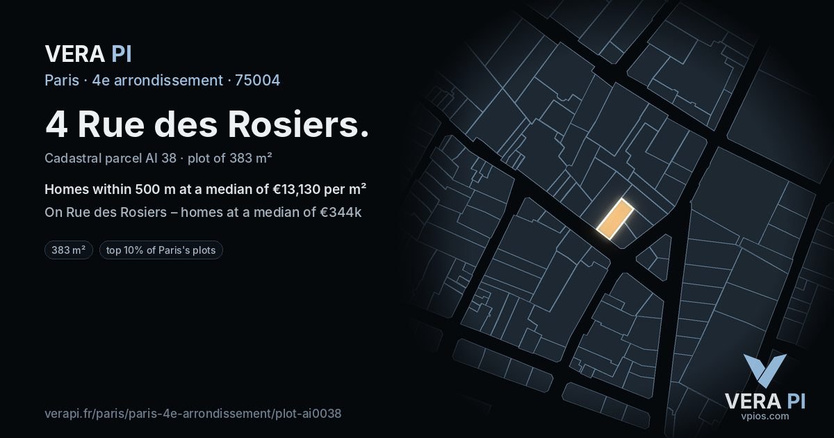 4 Rue des Rosiers, 4e arrondissement at night – the plot lit, the parcels around coloured by the prices near them