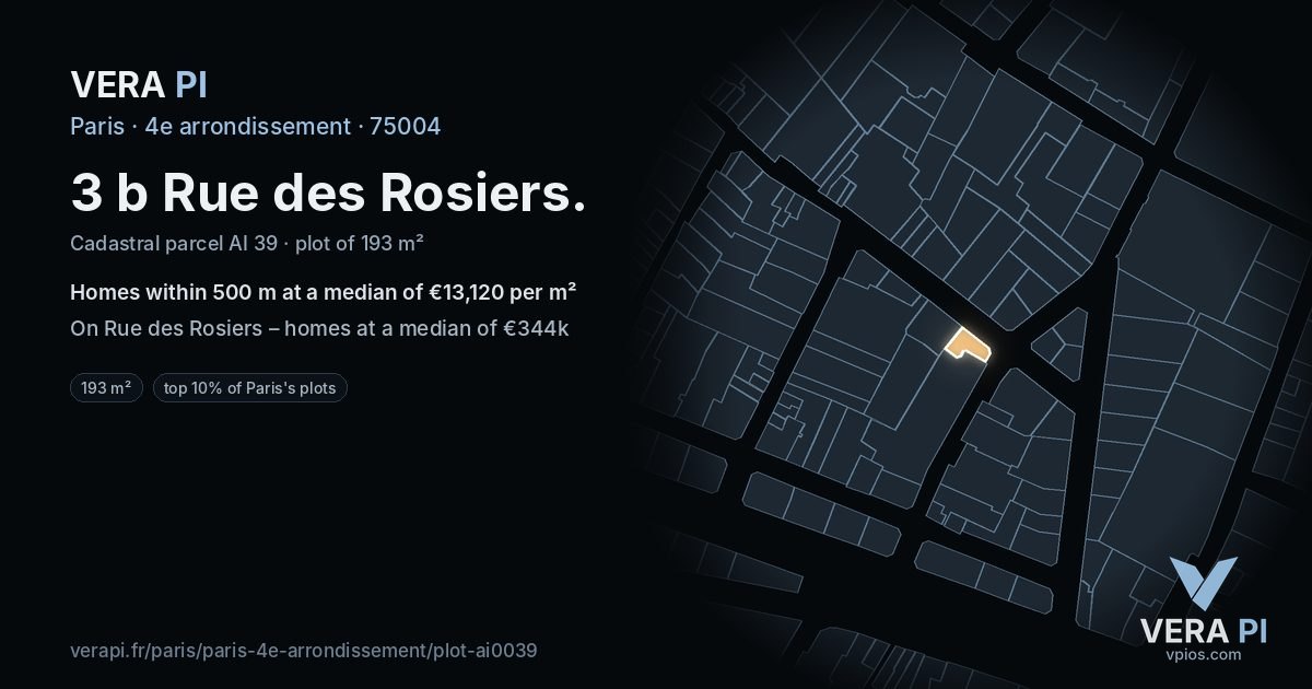 3 b Rue des Rosiers, 4e arrondissement at night – the plot lit, the parcels around coloured by the prices near them