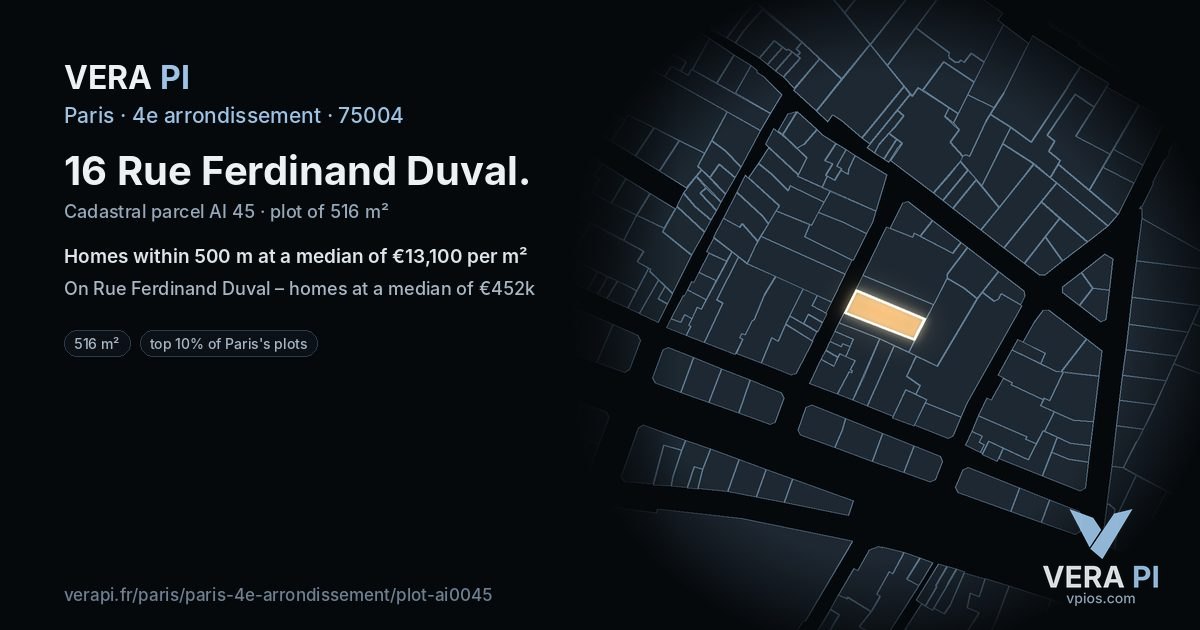 16 Rue Ferdinand Duval, 4e arrondissement at night – the plot lit, the parcels around coloured by the prices near them