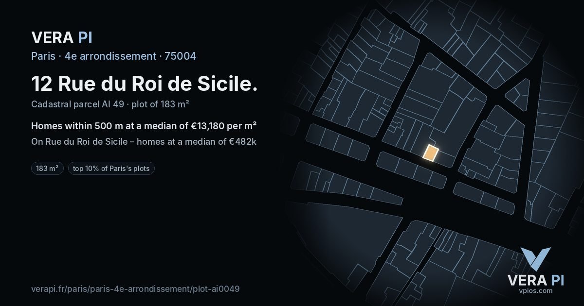 12 Rue du Roi de Sicile, 4e arrondissement at night – the plot lit, the parcels around coloured by the prices near them
