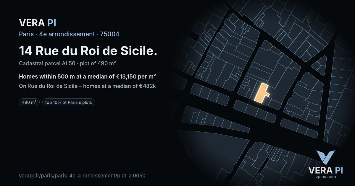 14 Rue du Roi de Sicile, 4e arrondissement at night – the plot lit, the parcels around coloured by the prices near them