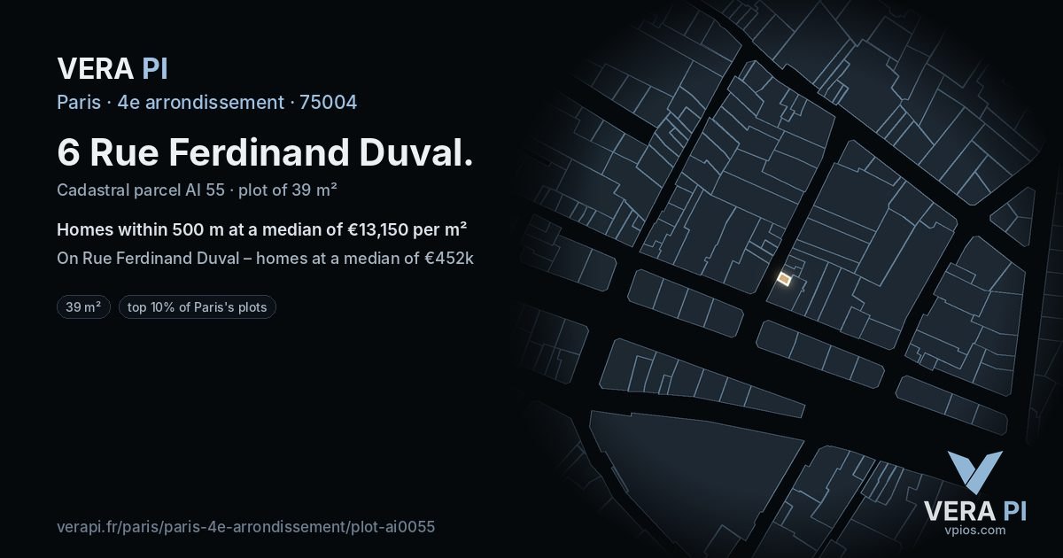 6 Rue Ferdinand Duval, 4e arrondissement at night – the plot lit, the parcels around coloured by the prices near them