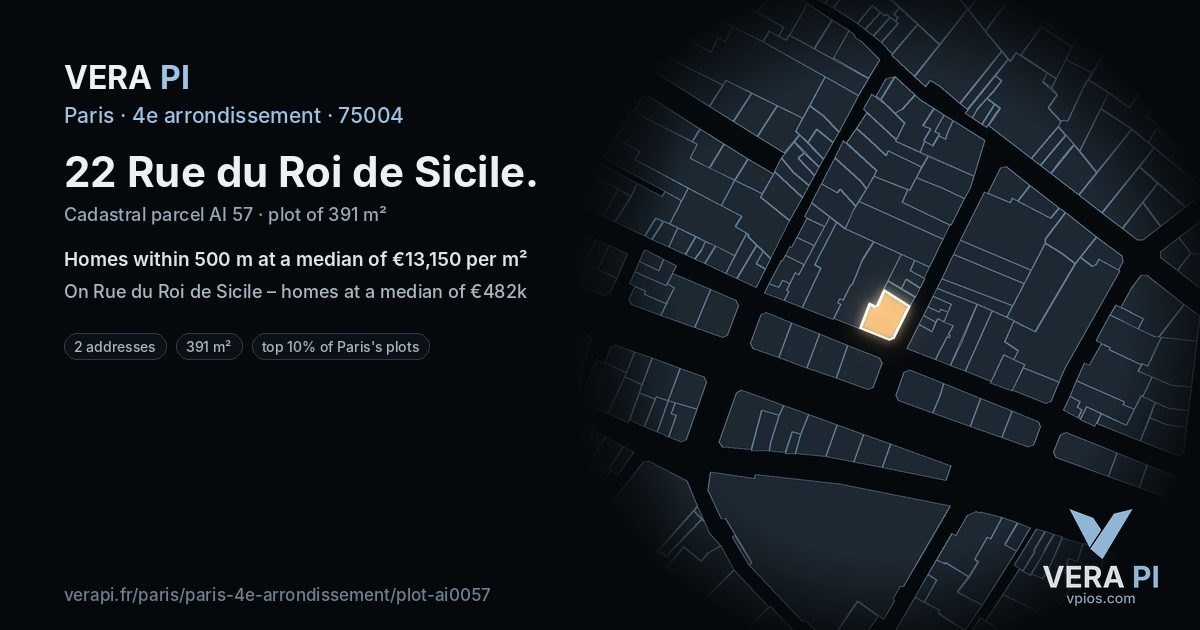 22 Rue du Roi de Sicile, 4e arrondissement at night – the plot lit, the parcels around coloured by the prices near them