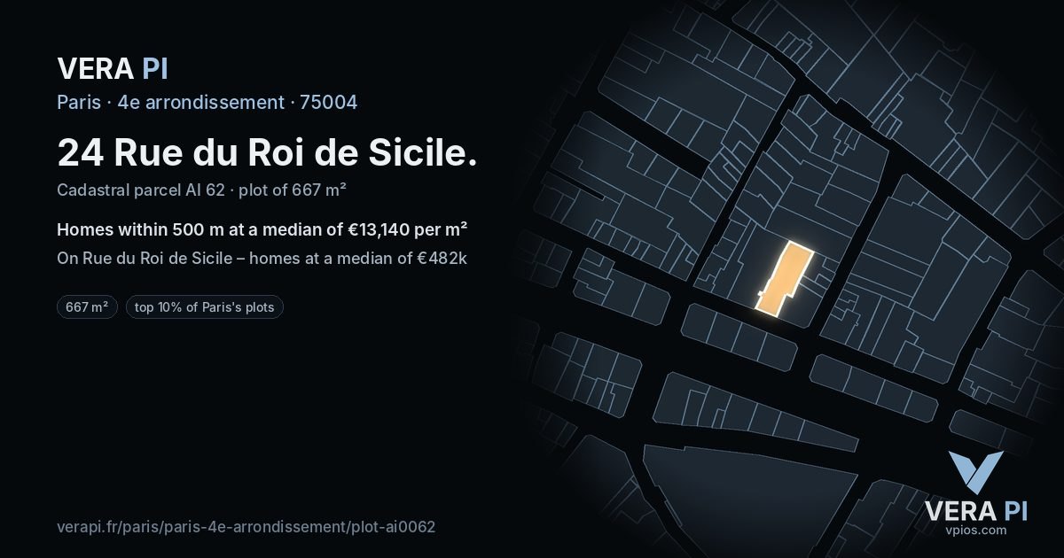24 Rue du Roi de Sicile, 4e arrondissement at night – the plot lit, the parcels around coloured by the prices near them