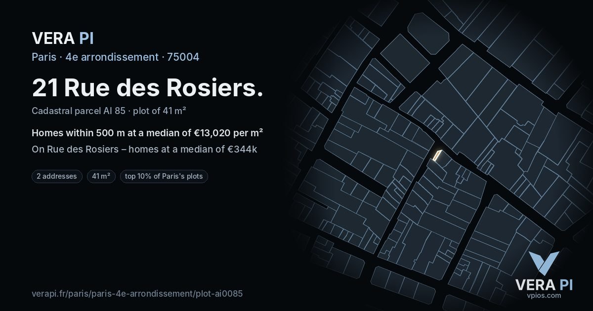 21 Rue des Rosiers, 4e arrondissement at night – the plot lit, the parcels around coloured by the prices near them