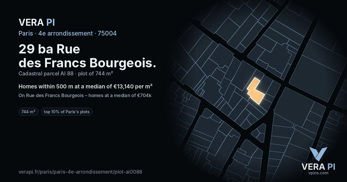 29 ba Rue des Francs Bourgeois, 4e arrondissement at night – the plot lit, the parcels around coloured by the prices near them