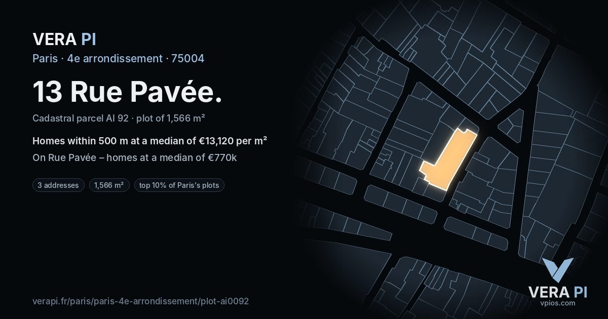 13 Rue Pavée, 4e arrondissement at night – the plot lit, the parcels around coloured by the prices near them