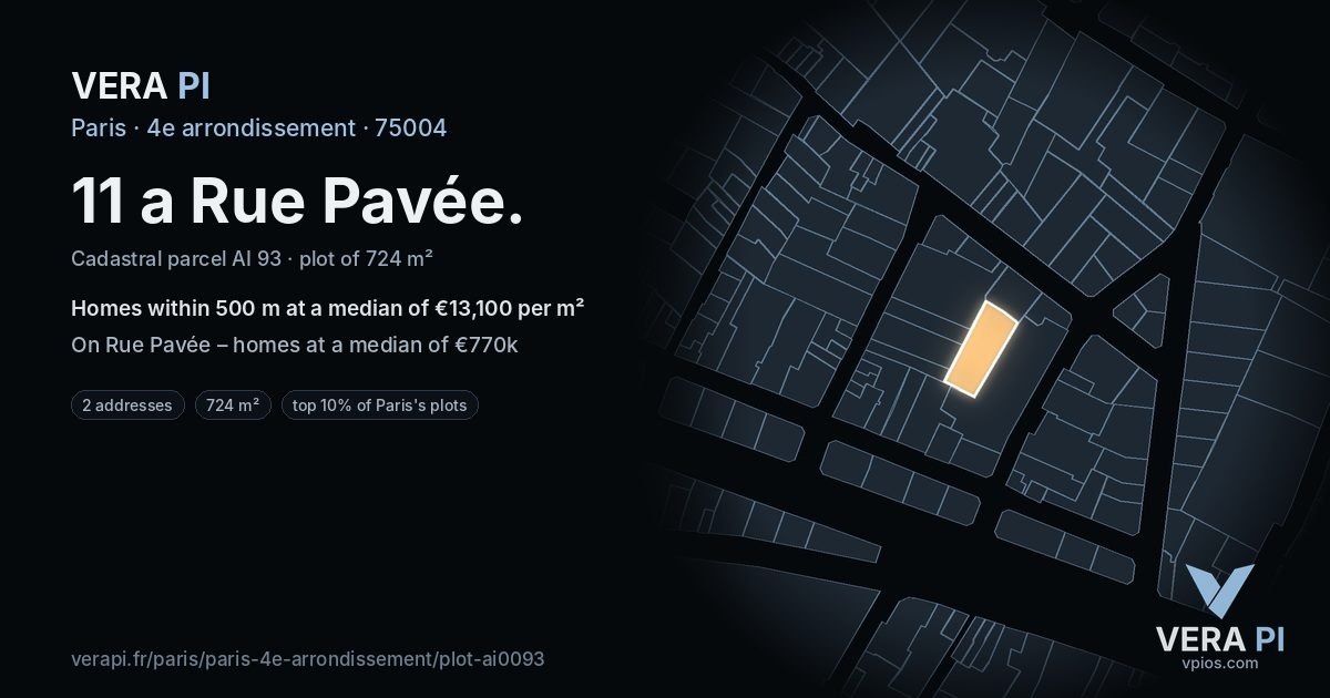 11 a Rue Pavée, 4e arrondissement at night – the plot lit, the parcels around coloured by the prices near them