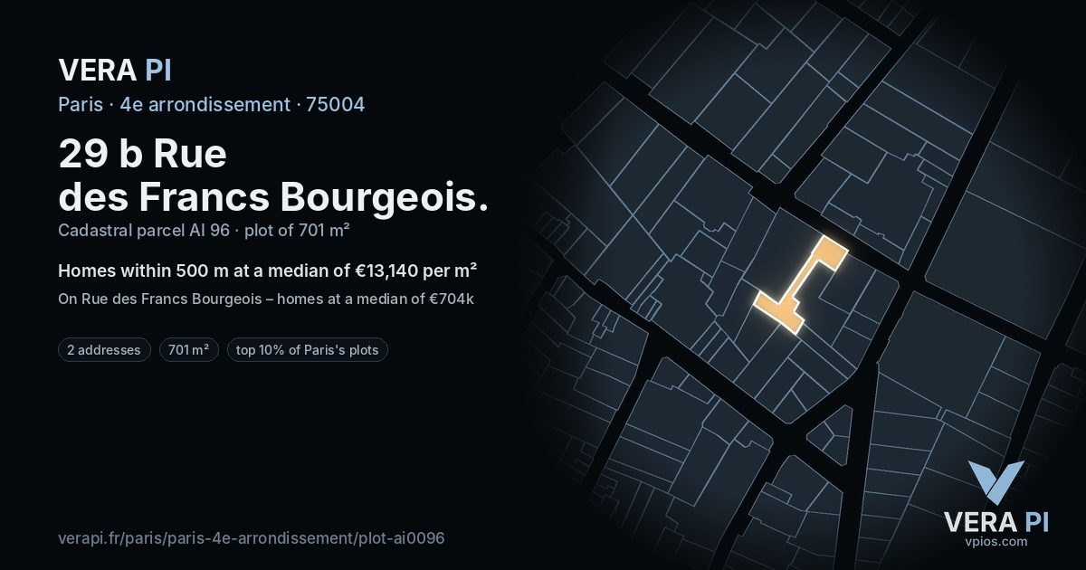 29 b Rue des Francs Bourgeois, 4e arrondissement at night – the plot lit, the parcels around coloured by the prices near them