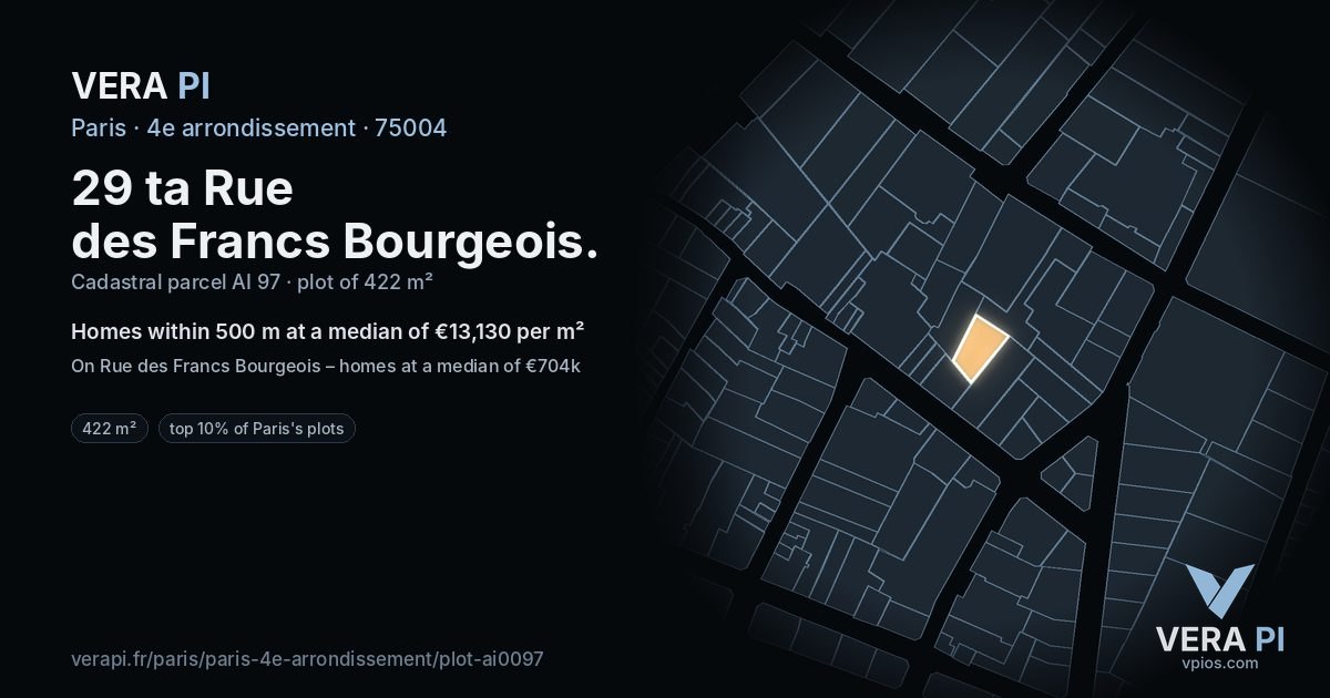 29 ta Rue des Francs Bourgeois, 4e arrondissement at night – the plot lit, the parcels around coloured by the prices near them