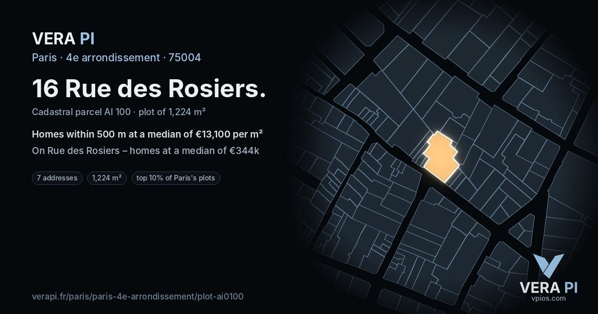 16 Rue des Rosiers, 4e arrondissement at night – the plot lit, the parcels around coloured by the prices near them