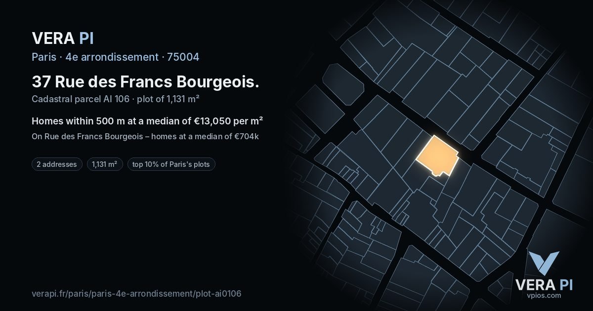 37 Rue des Francs Bourgeois, 4e arrondissement at night – the plot lit, the parcels around coloured by the prices near them