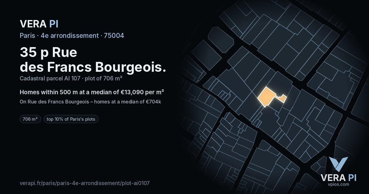 35 p Rue des Francs Bourgeois, 4e arrondissement at night – the plot lit, the parcels around coloured by the prices near them