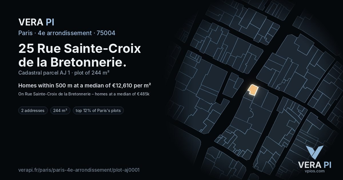 25 Rue Sainte-Croix de la Bretonnerie, 4e arrondissement at night – the plot lit, the parcels around coloured by the prices near them