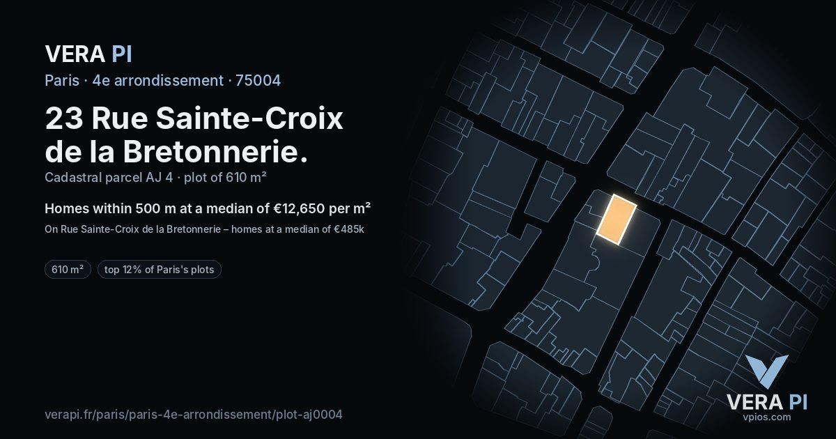 23 Rue Sainte-Croix de la Bretonnerie, 4e arrondissement at night – the plot lit, the parcels around coloured by the prices near them