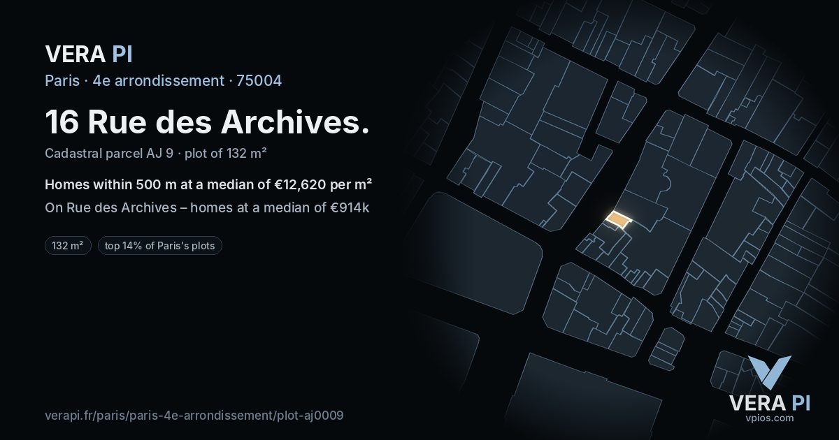 16 Rue des Archives, 4e arrondissement at night – the plot lit, the parcels around coloured by the prices near them